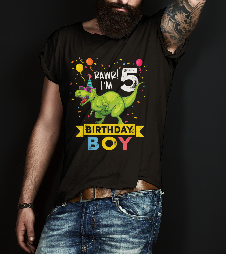 RAWR I'm 5 Birthday Boy Dinosaur Party Hat Balloons And Confetti T-Shirt