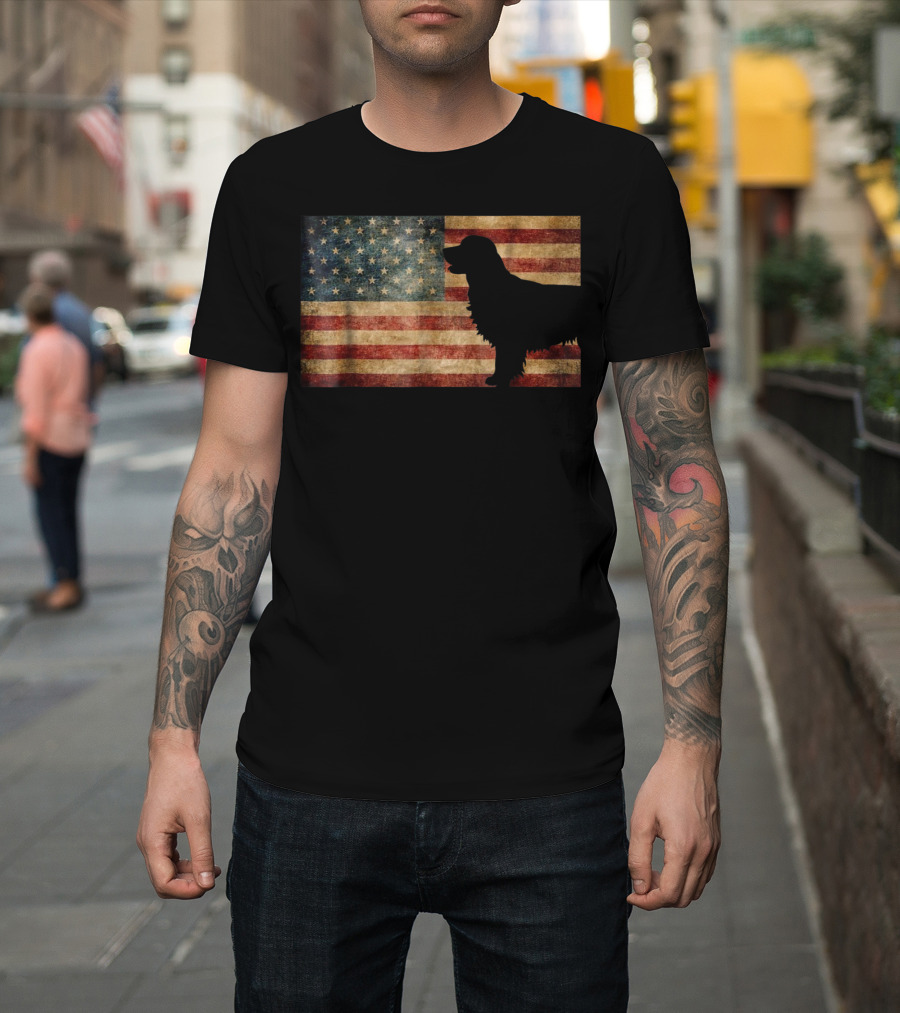 Golden Retriever Silhouette With Vintage American Flag T-Shirt