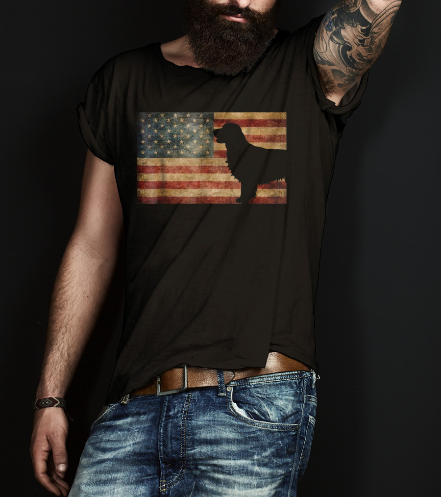 Golden Retriever Silhouette With Vintage American Flag T-Shirt