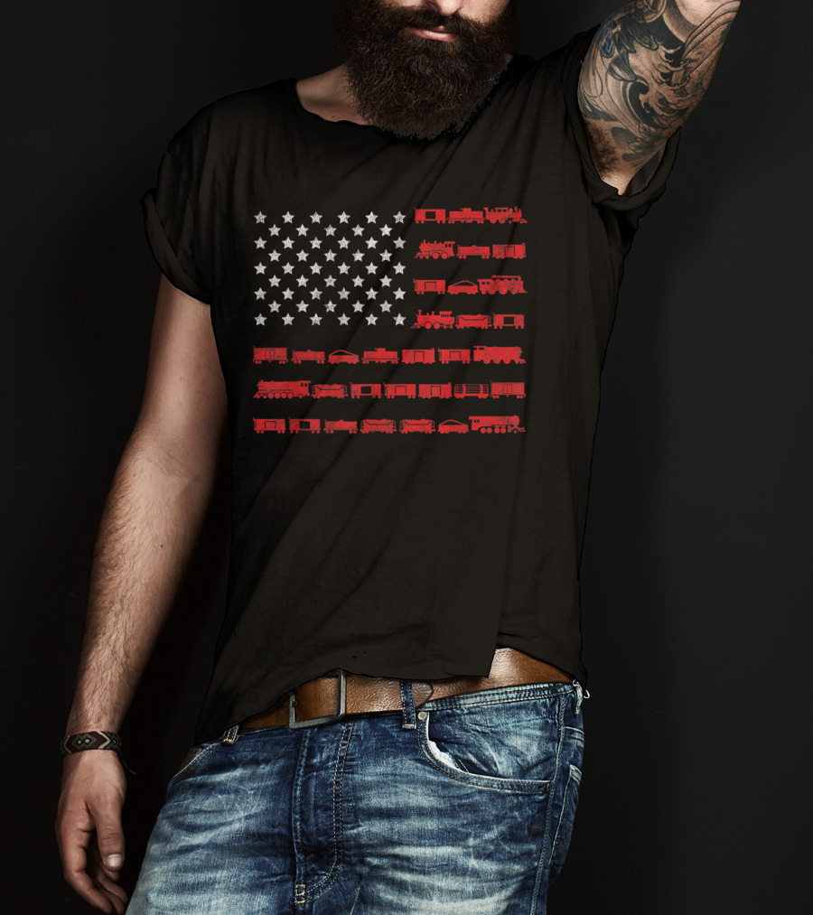 American Flag Made Of Red Railroad Trains And White Stars T-Shirt
