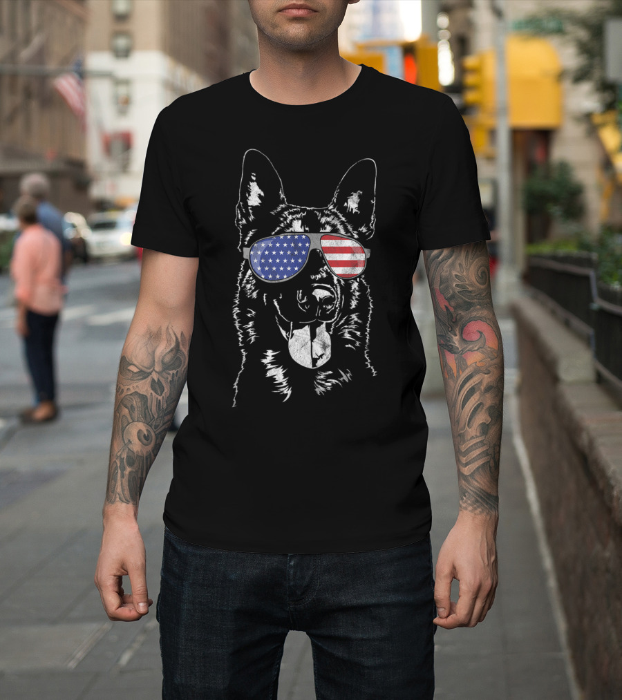 Funny Proud Belgian Malinois Dog In American Flag Sunglasses T-Shirt