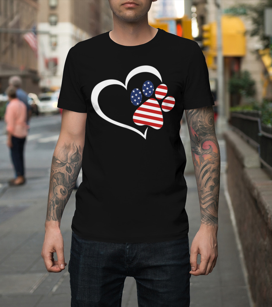 Dog Paw Heart Love Red White Blue American Flag Patriotic T-Shirt