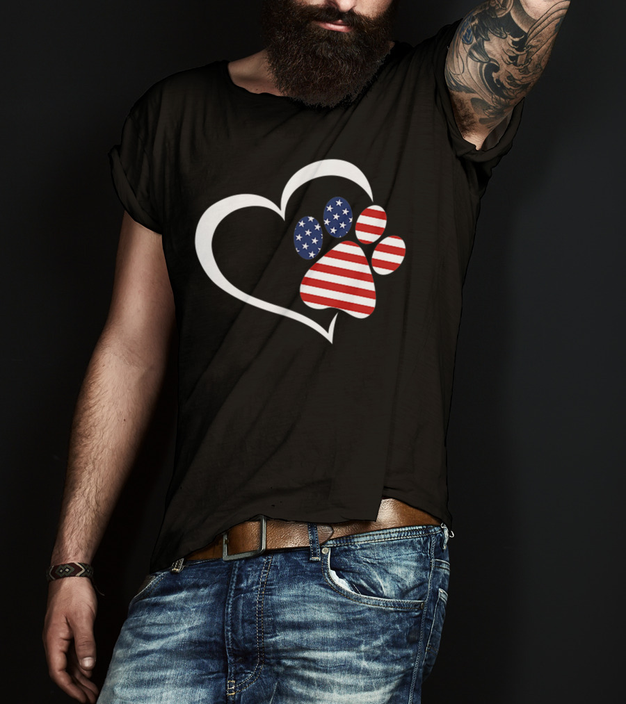Dog Paw Heart Love Red White Blue American Flag Patriotic T-Shirt