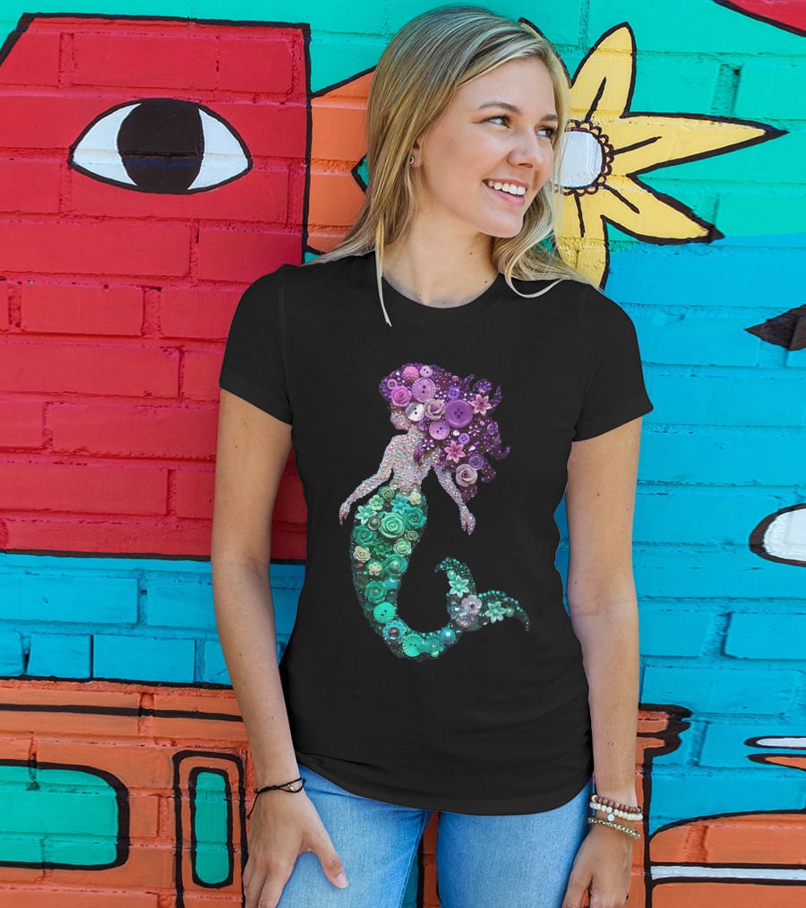 Flower Mermaid Purple Green Buttons T-Shirt