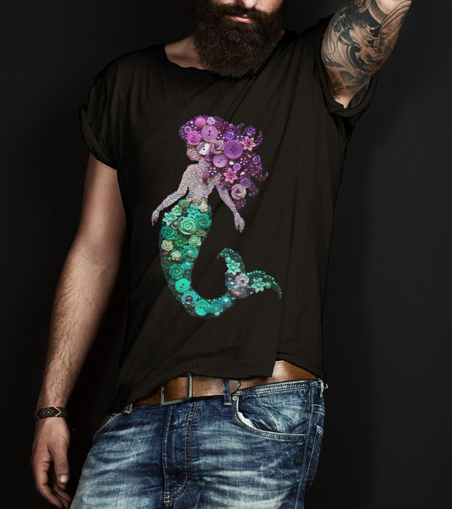 Flower Mermaid Purple Green Buttons T-Shirt