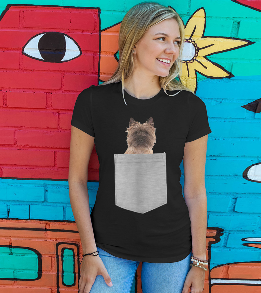 Cairn Terrier Pup Peeking From Pocket T-Shirt