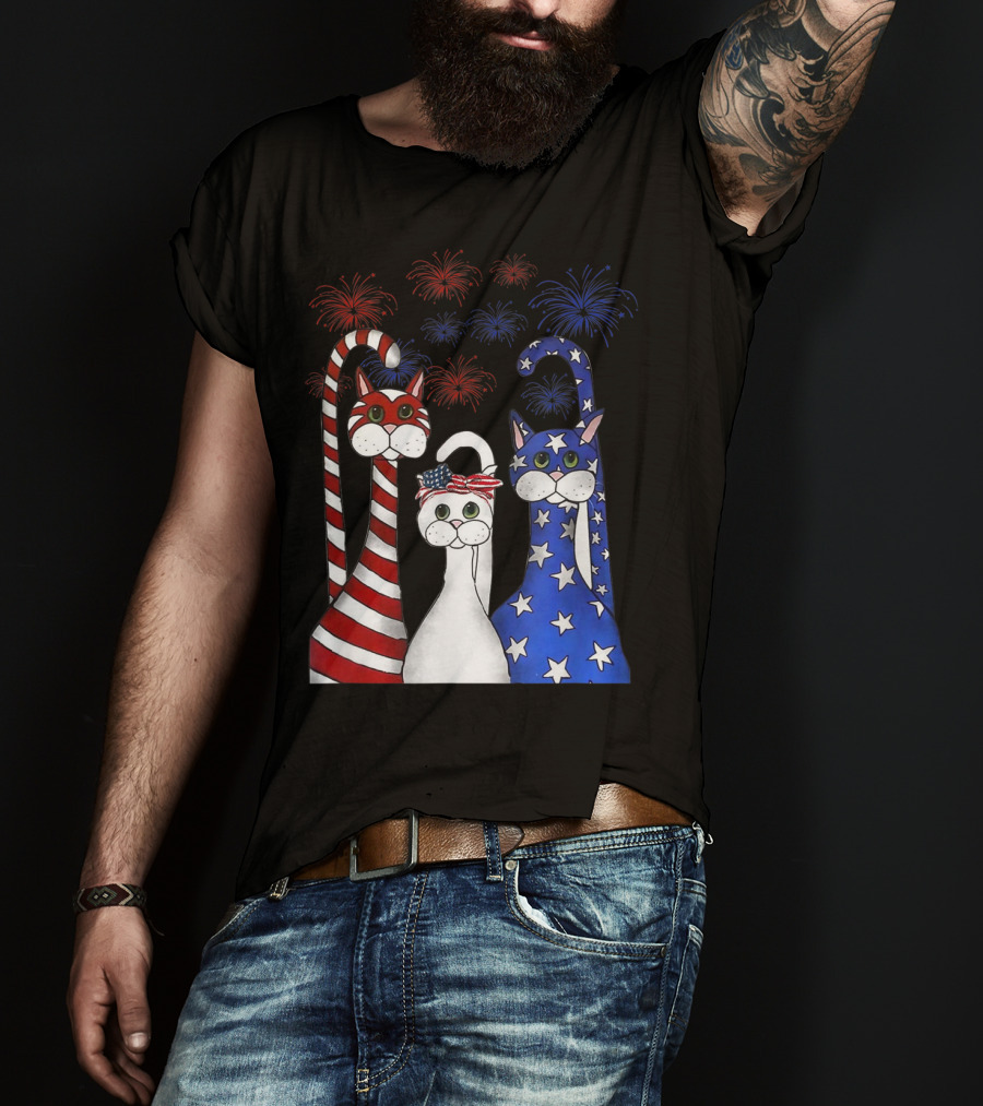 Cat Red White Blue American Flag Patriotic Fireworks T-Shirt