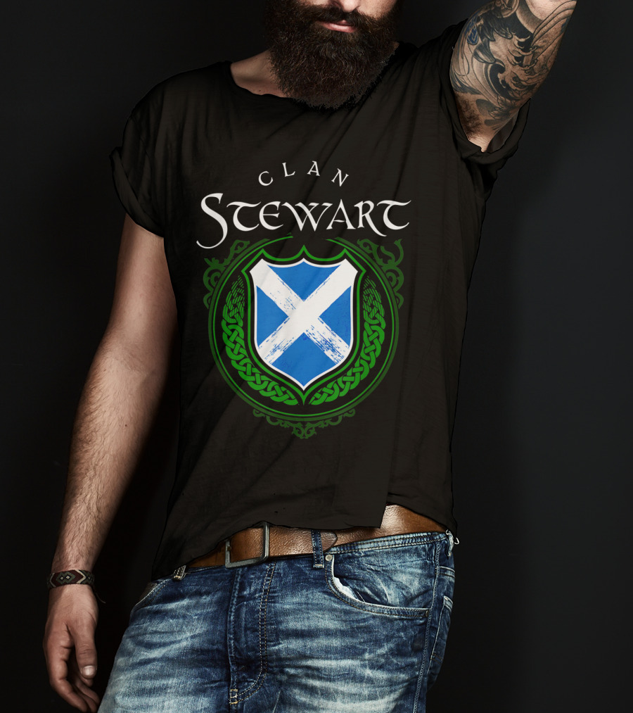 Clan Stewart Scottish Shield Scotland Flag And Green Celtic Knotwork T-Shirt