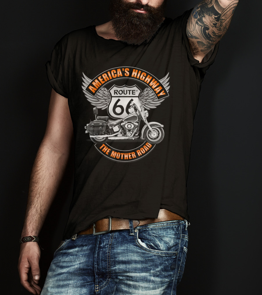 America's Highway Route 66 The Mother Road Motorcycle Wings T-Shirt