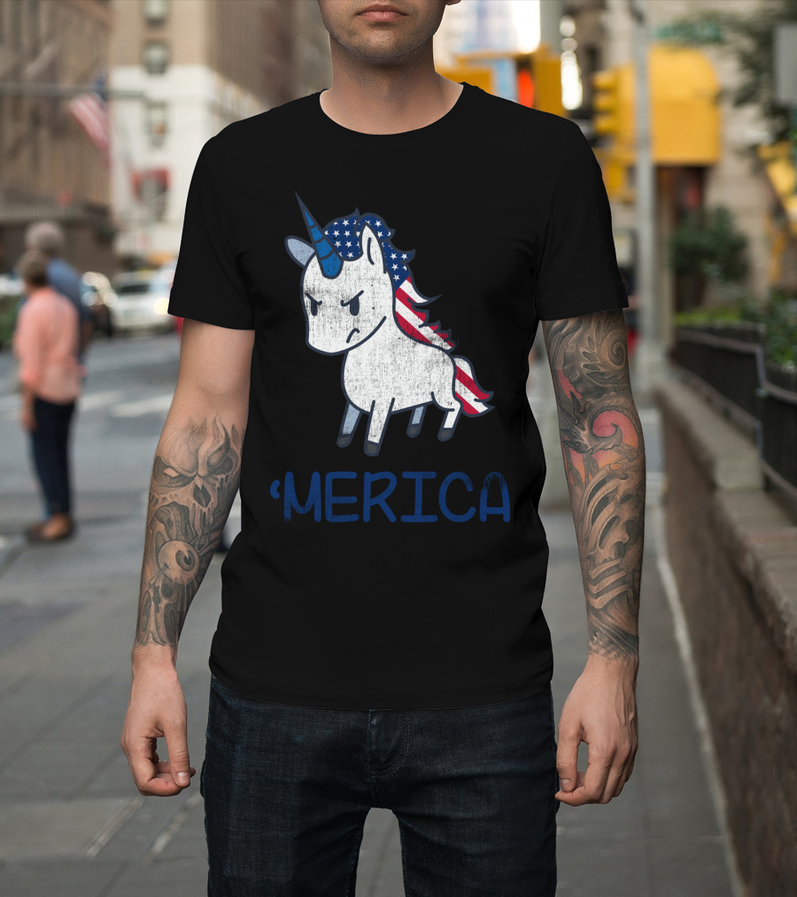 Merica Unicorn with Patriotic Stars and Stripes Mane Americorn T-Shirt