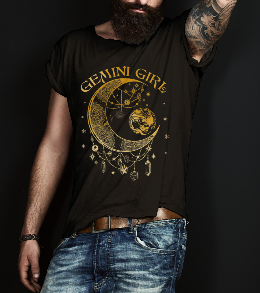 Gemini Girl Zodiac Henna Moon With Crystals And Stars T-Shirt