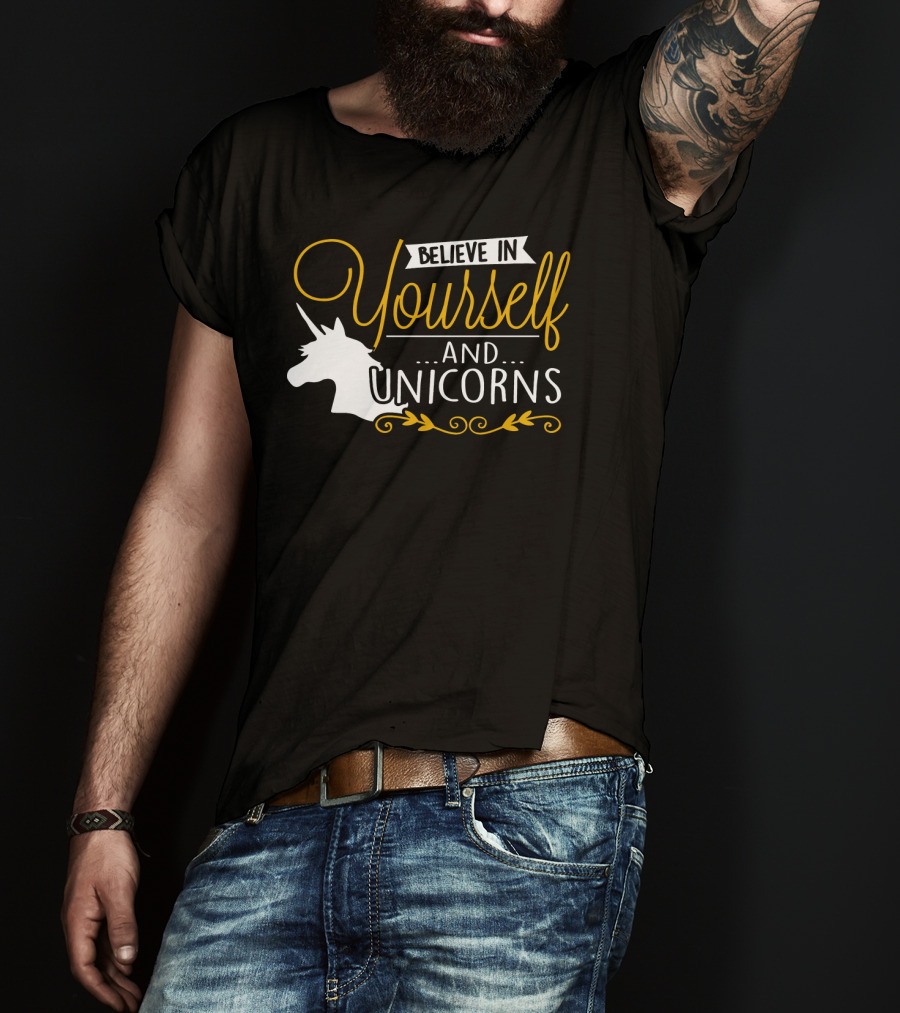 Believe In Yourself And Unicorns Head Graphic Whimsical Font T-Shirt