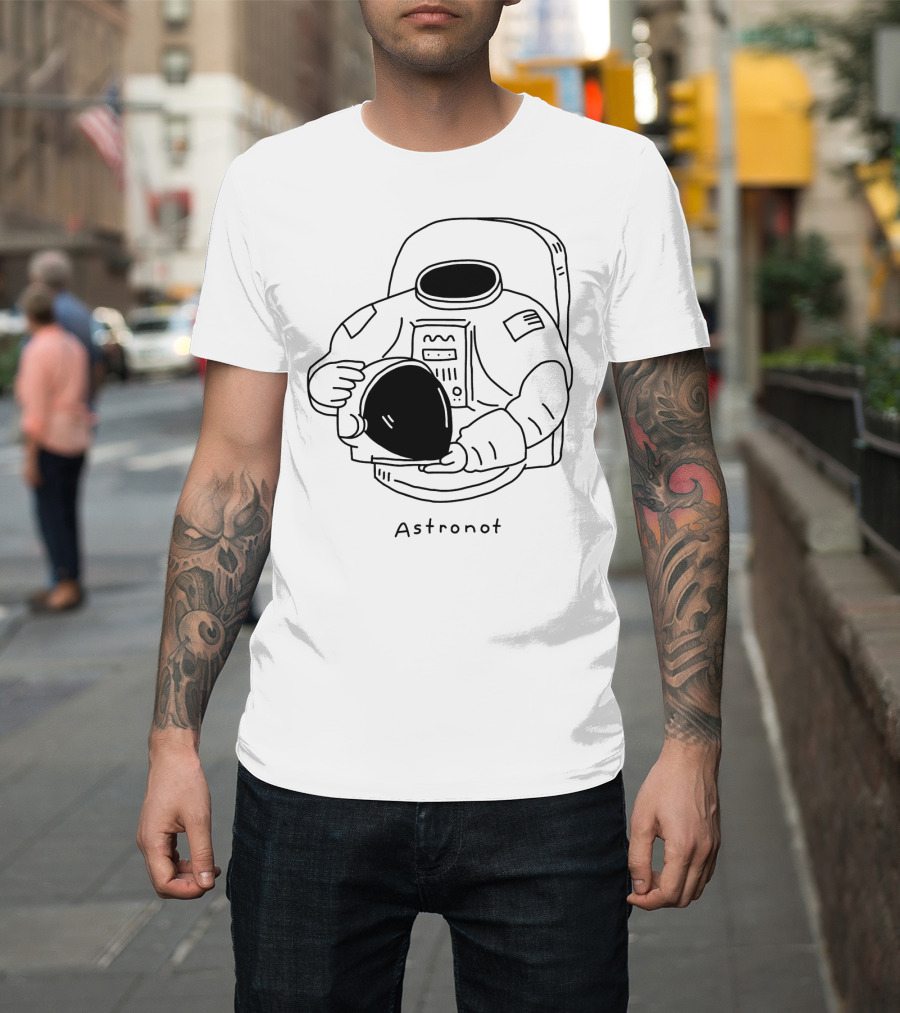 Astronot Spacesuit Holding Helmet with American Flag Patch T-Shirt