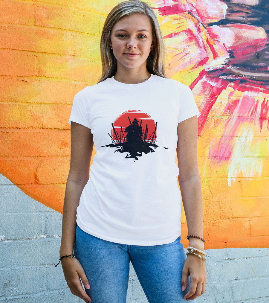 The End Of The Battle Samurai Silhouette Against Red Sun Rising T-Shirt