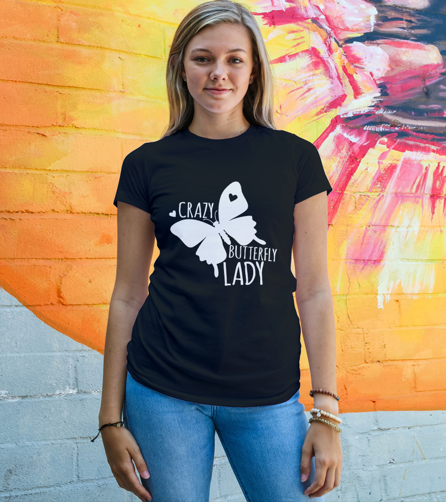 CRAZY BUTTERFLY LADY Heart Motif T-Shirt