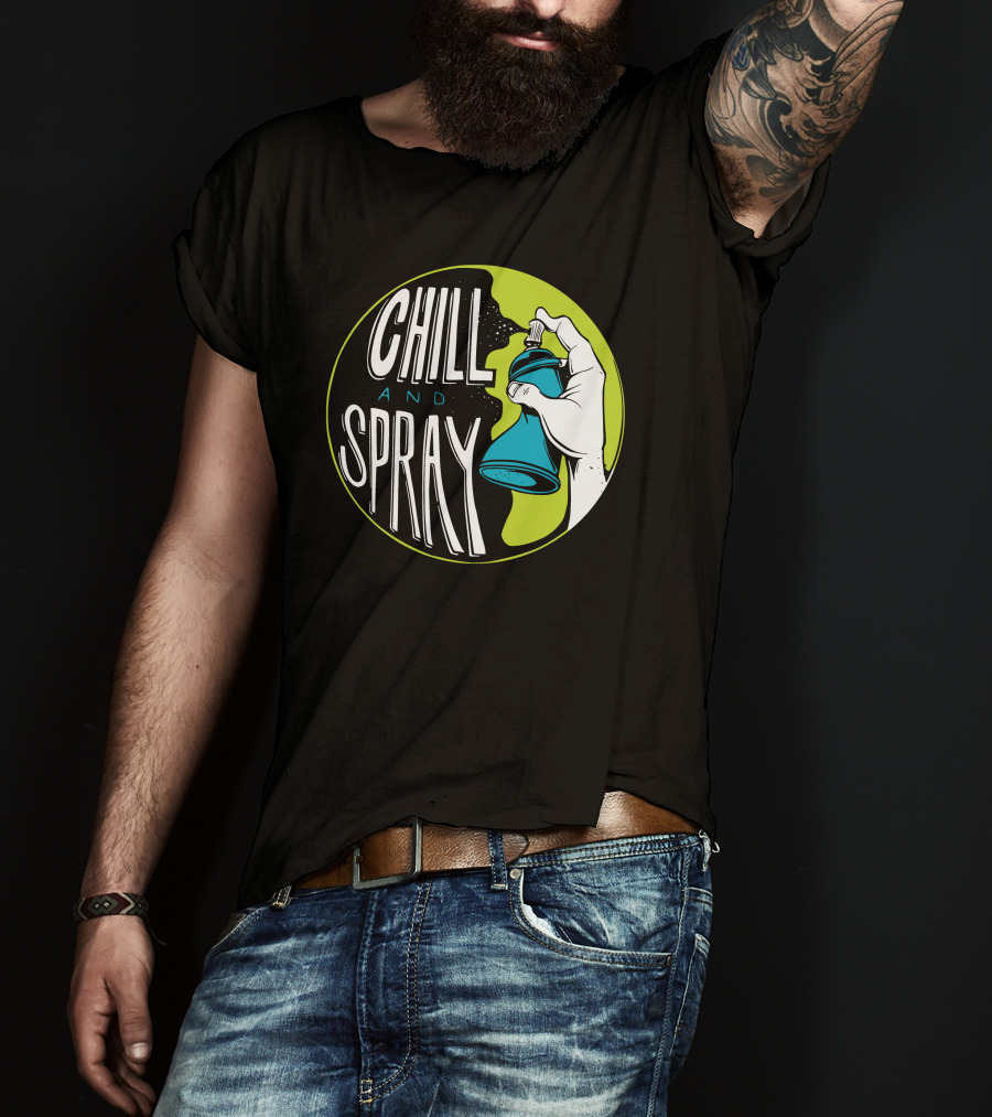 CHILL AND SPRAY Hand Holding Blue Can T-Shirt