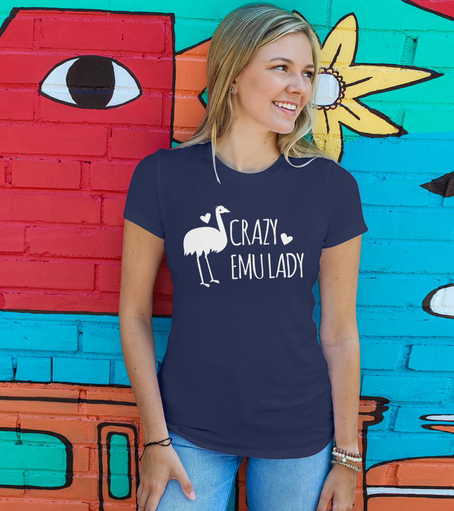 Crazy Emu Lady Emu Illustration With Hearts T-Shirt
