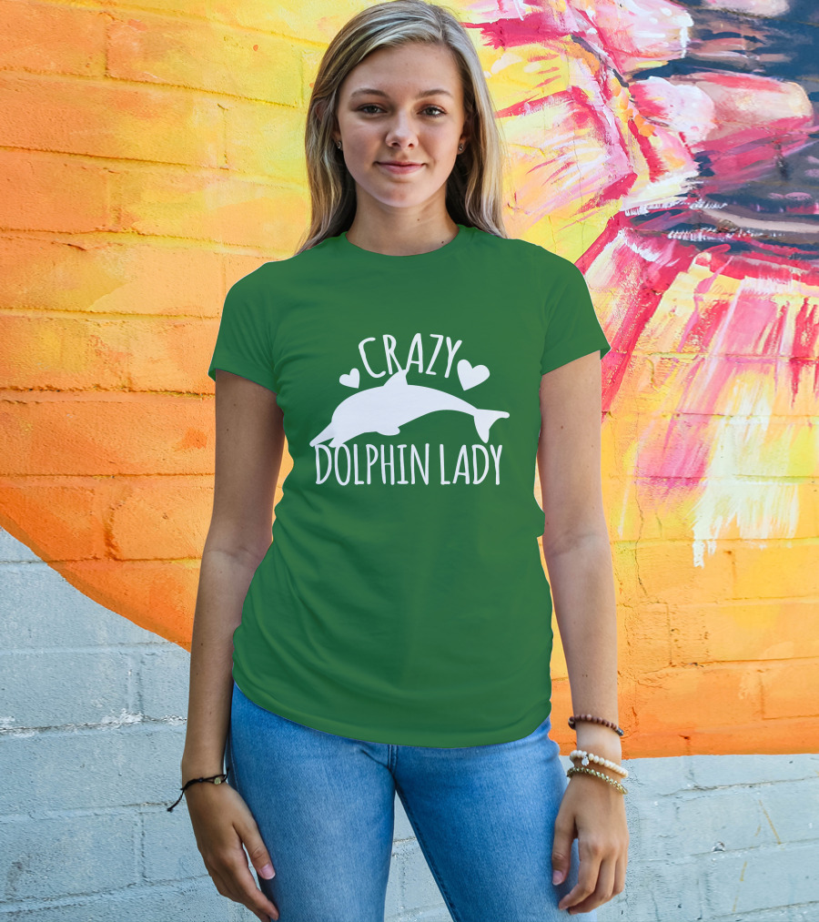 CRAZY DOLPHIN LADY Hearts And Dolphin Silhouette On Green T-Shirt