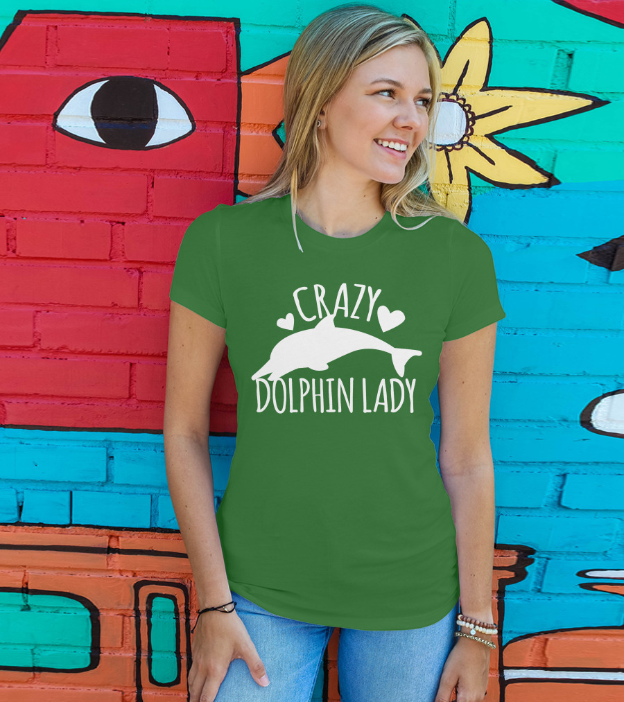 CRAZY DOLPHIN LADY Hearts And Dolphin Silhouette On Green T-Shirt