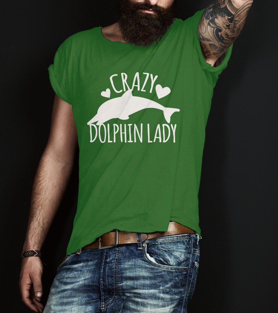 CRAZY DOLPHIN LADY Hearts And Dolphin Silhouette On Green T-Shirt