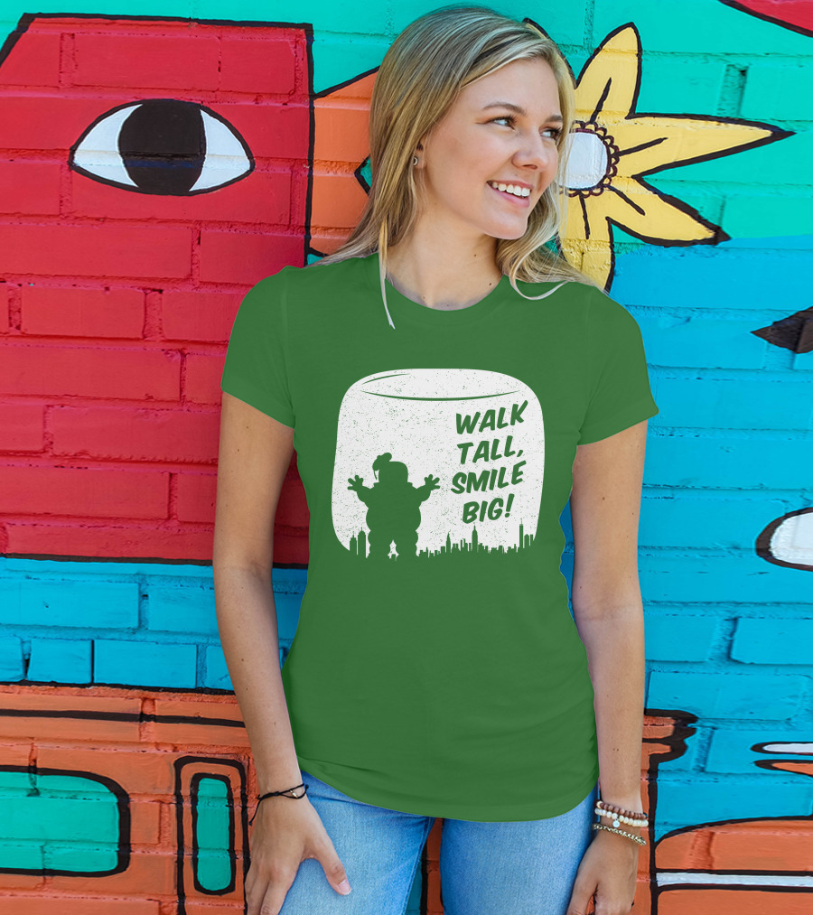 WALK TALL SMILE BIG Stay Puft Marshmallow Man City Skyline T-Shirt