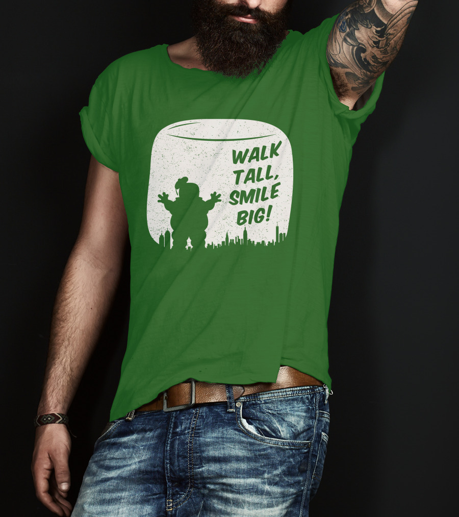 WALK TALL SMILE BIG Stay Puft Marshmallow Man City Skyline T-Shirt