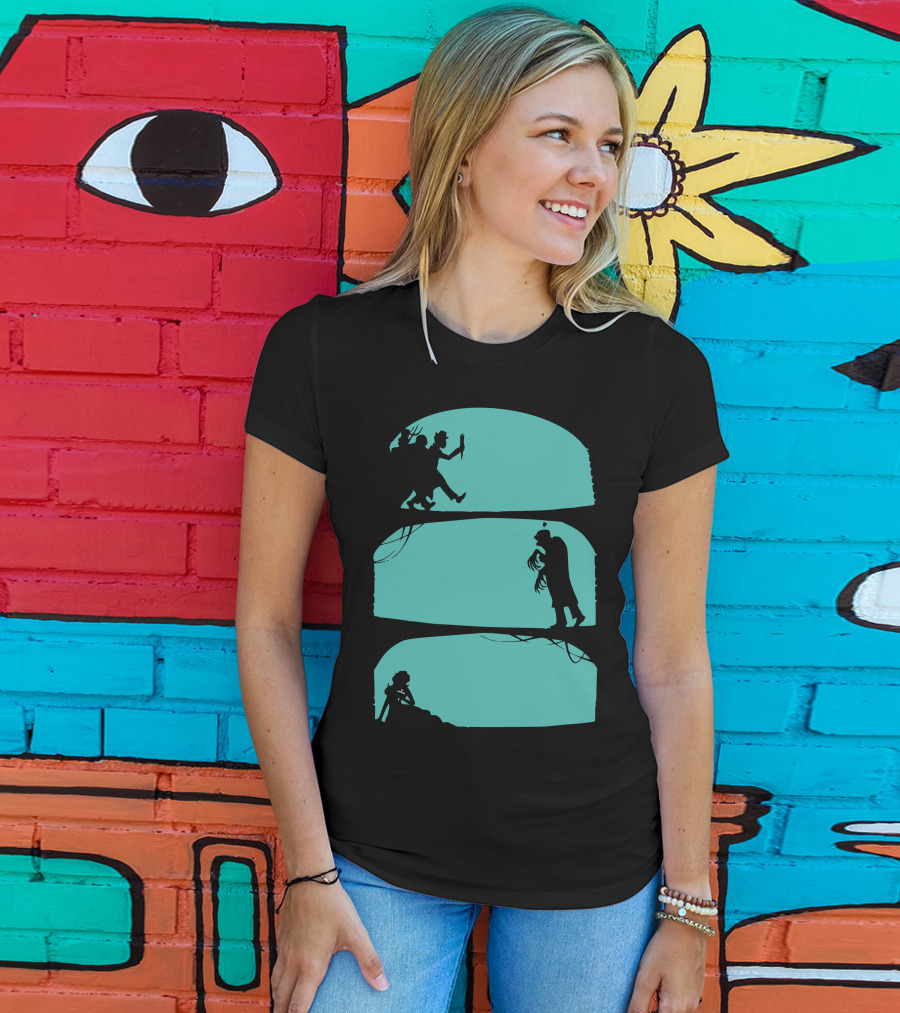 Hunt The Zombie Silhouette Chase With Weapon, Creeping Figure, And Hiding Woman T-Shirt