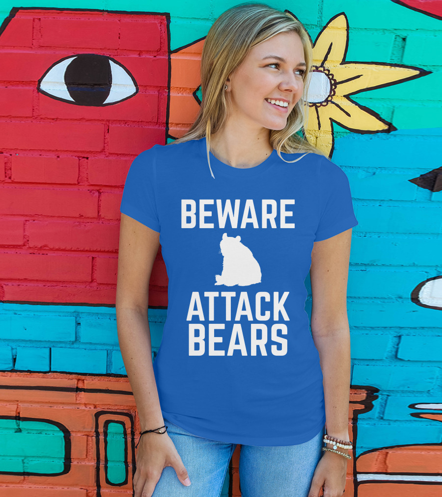 BEWARE ATTACK BEARS Silhouette Blue Background T-Shirt