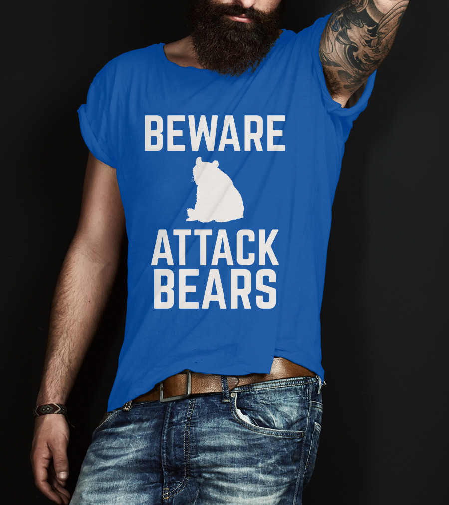 BEWARE ATTACK BEARS Silhouette Blue Background T-Shirt