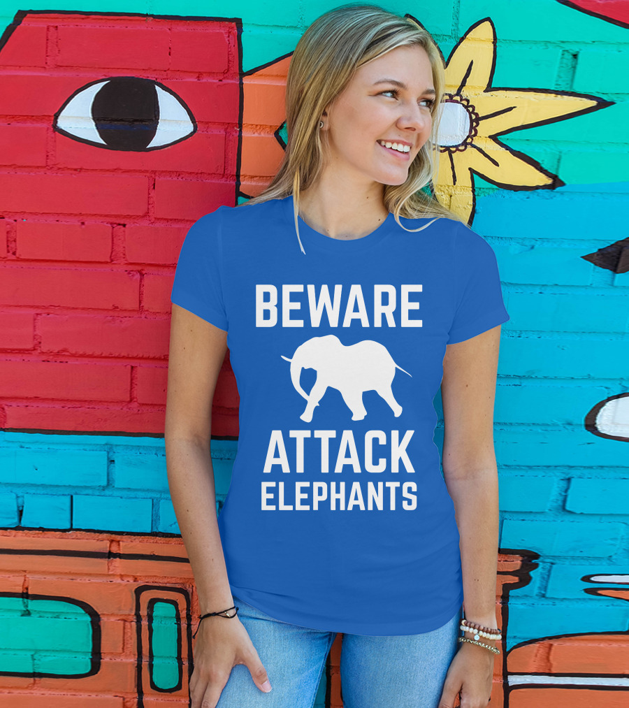 BEWARE ATTACK ELEPHANTS Blue Background White Elephant T-Shirt