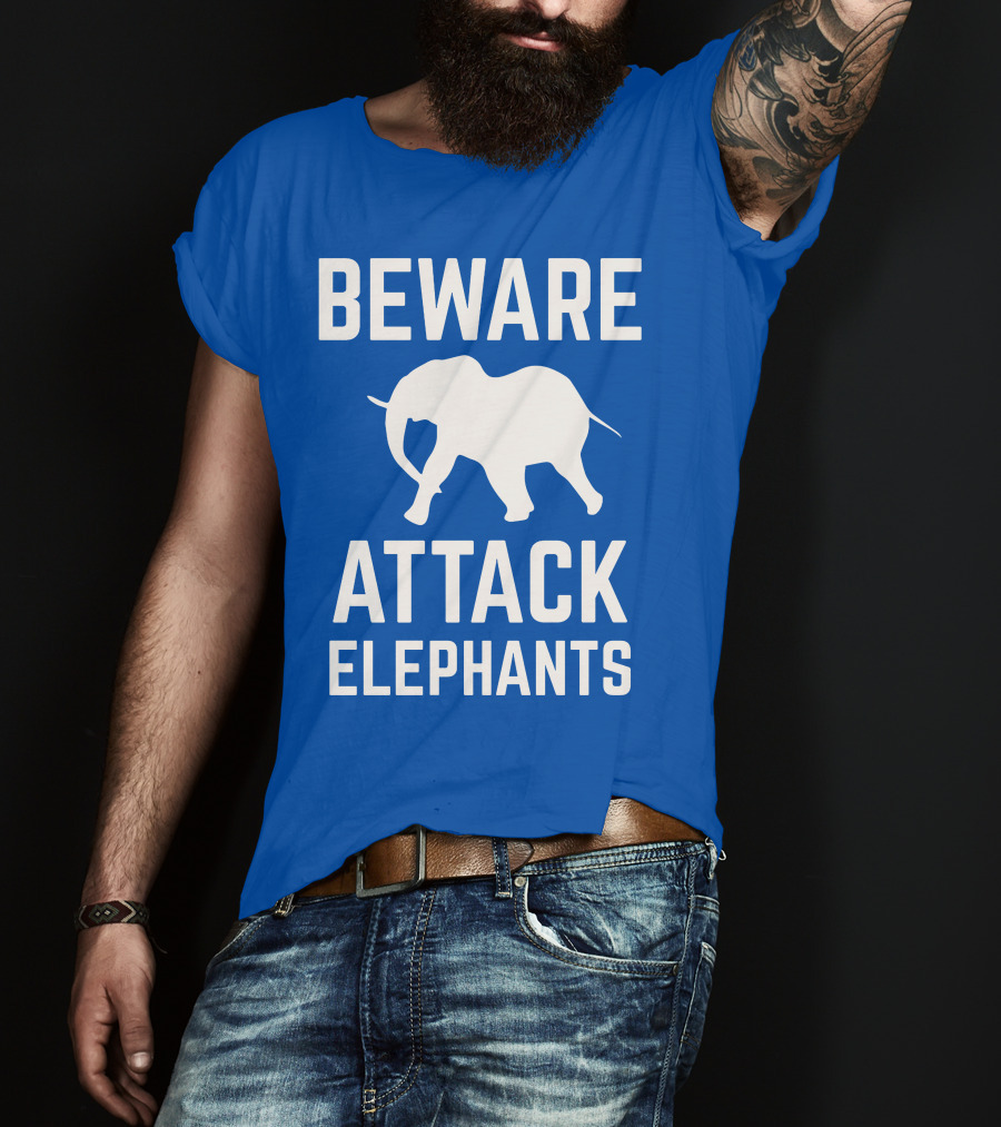 BEWARE ATTACK ELEPHANTS Blue Background White Elephant T-Shirt