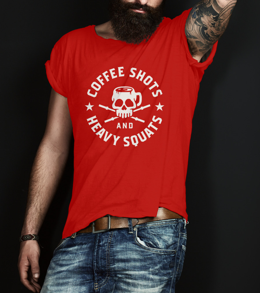 Coffee Shots And Heavy Squats Skull Mug And Barbells T-Shirt