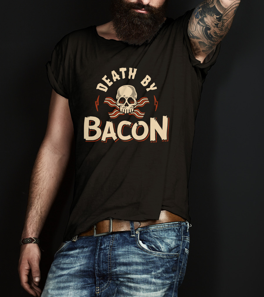 Death By Bacon Skull And Crossbones With Lightning Bolts T-Shirt