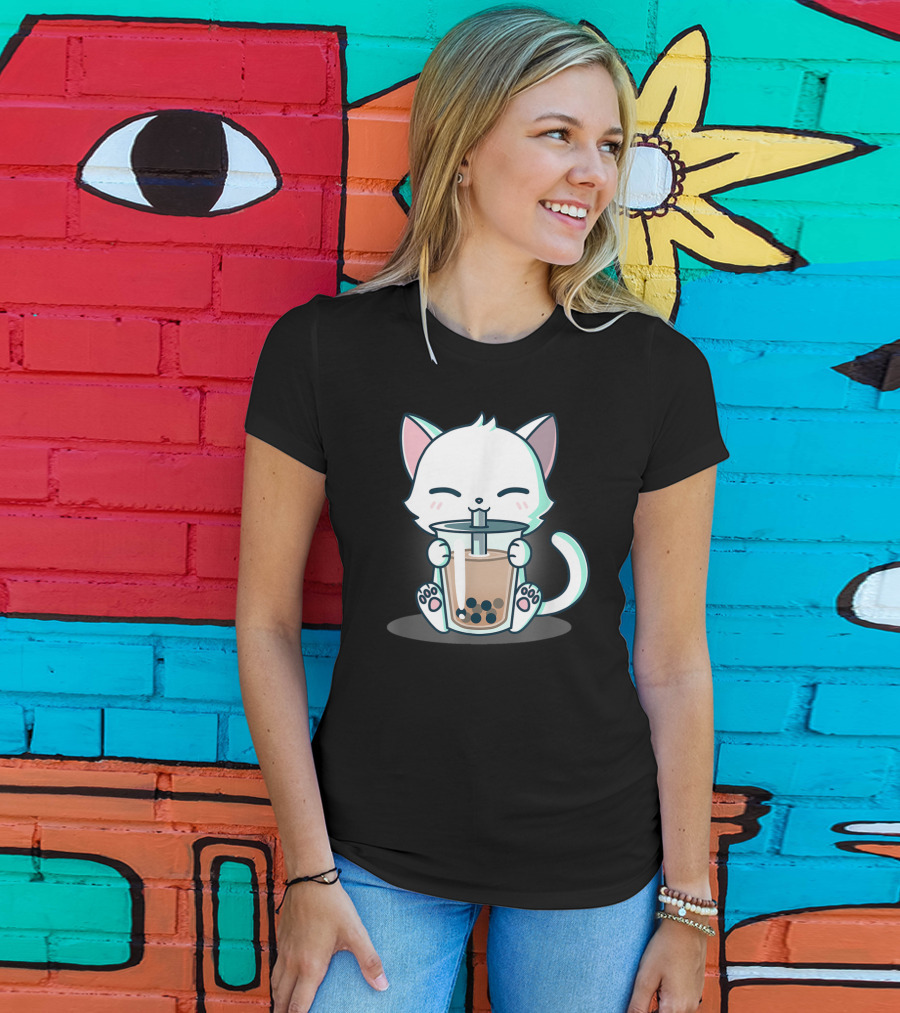 Kawaii Boba Cat Happy Kitten Drinking Bubble Tea Mood T-Shirt
