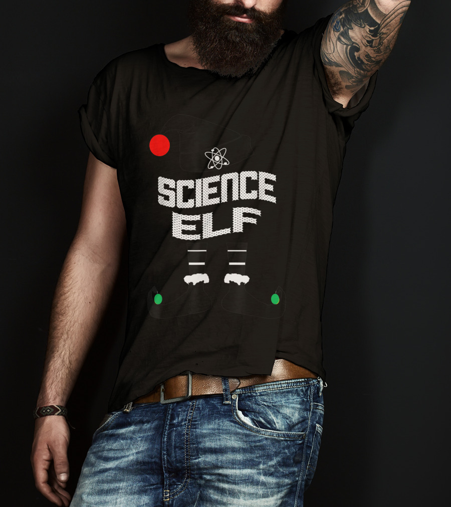 Science Elf Christmas Costume With Atom Hat And Striped Socks T-Shirt