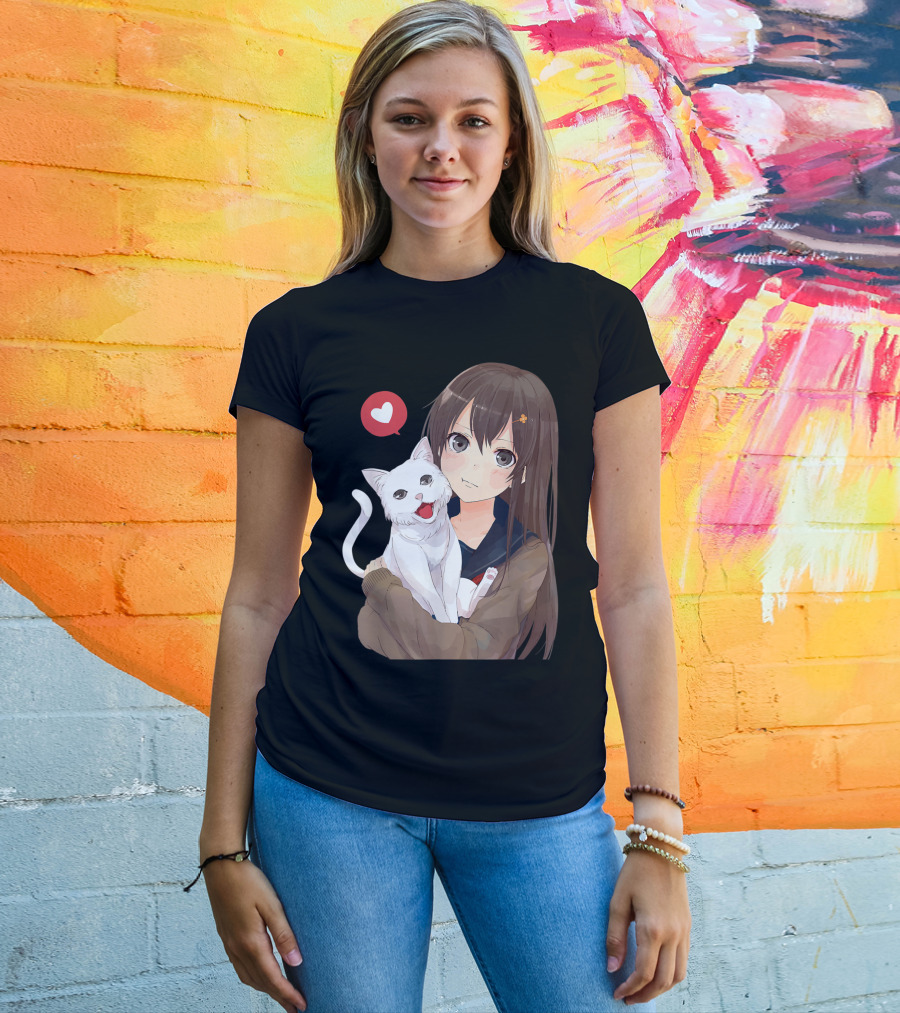 Cute Anime Girl With Adorable White Kitty Cat And Heart T-Shirt