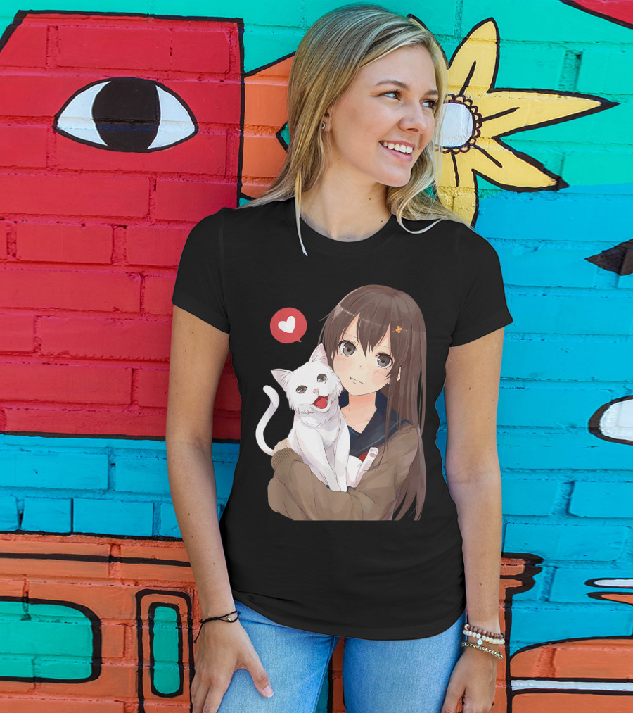 Cute Anime Girl With Adorable White Kitty Cat And Heart T-Shirt