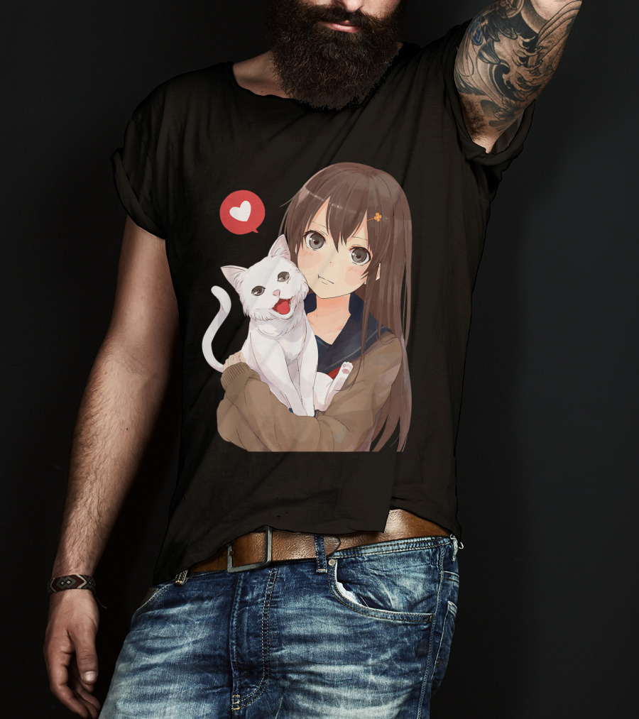 Cute Anime Girl With Adorable White Kitty Cat And Heart T-Shirt