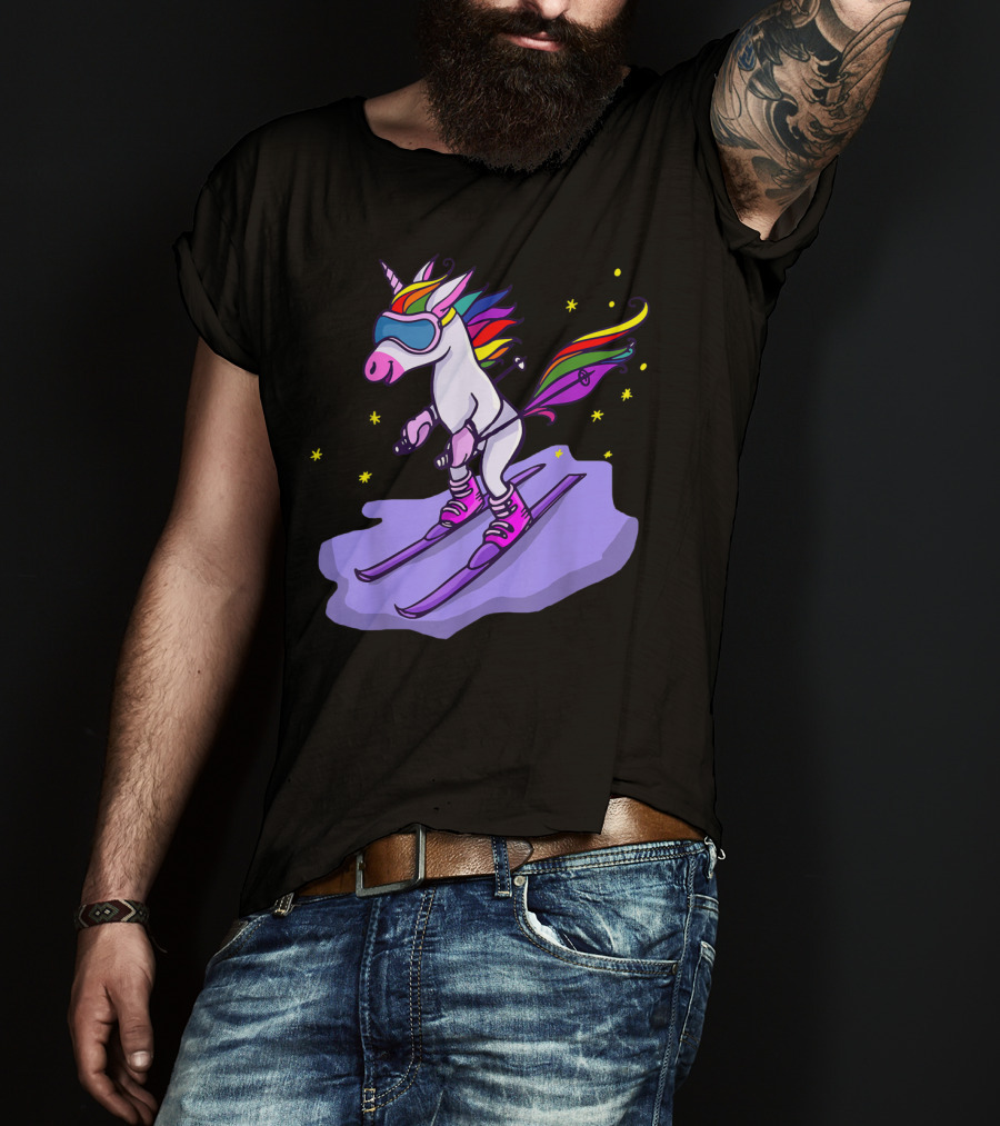 Cute Unicorn Skiing In Rainbow T-Shirt
