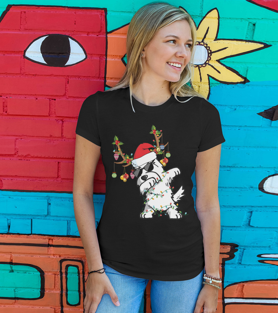 Dabbing Westie Dog Christmas Lights Santa Hat Reindeer Antlers Ornaments T-Shirt