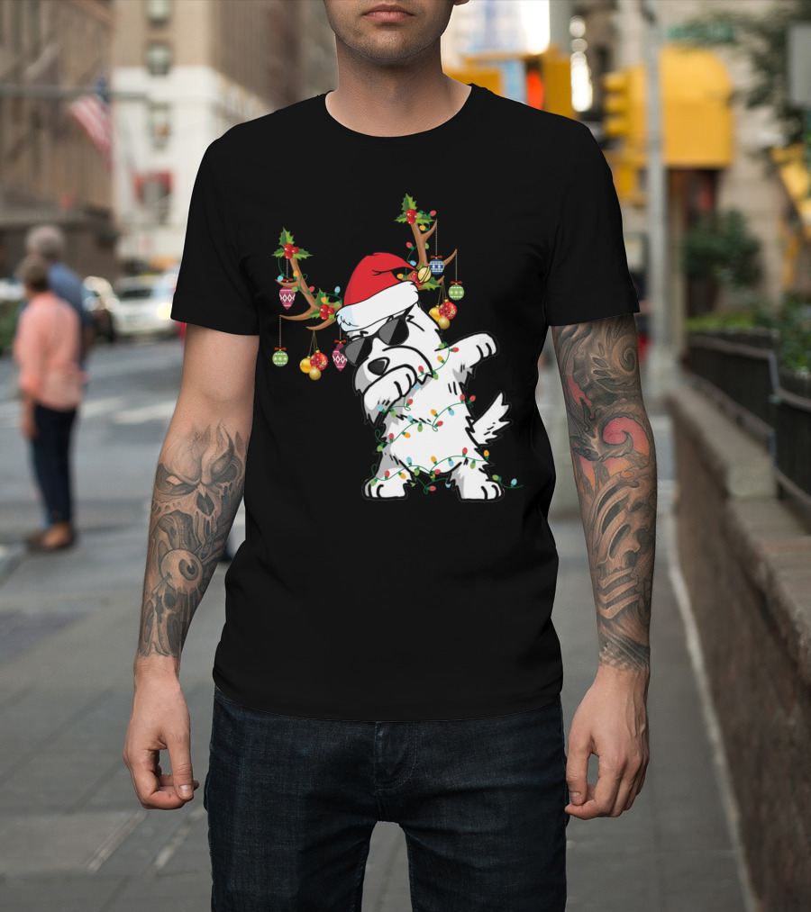 Dabbing Westie Dog Christmas Lights Santa Hat Reindeer Antlers Ornaments T-Shirt