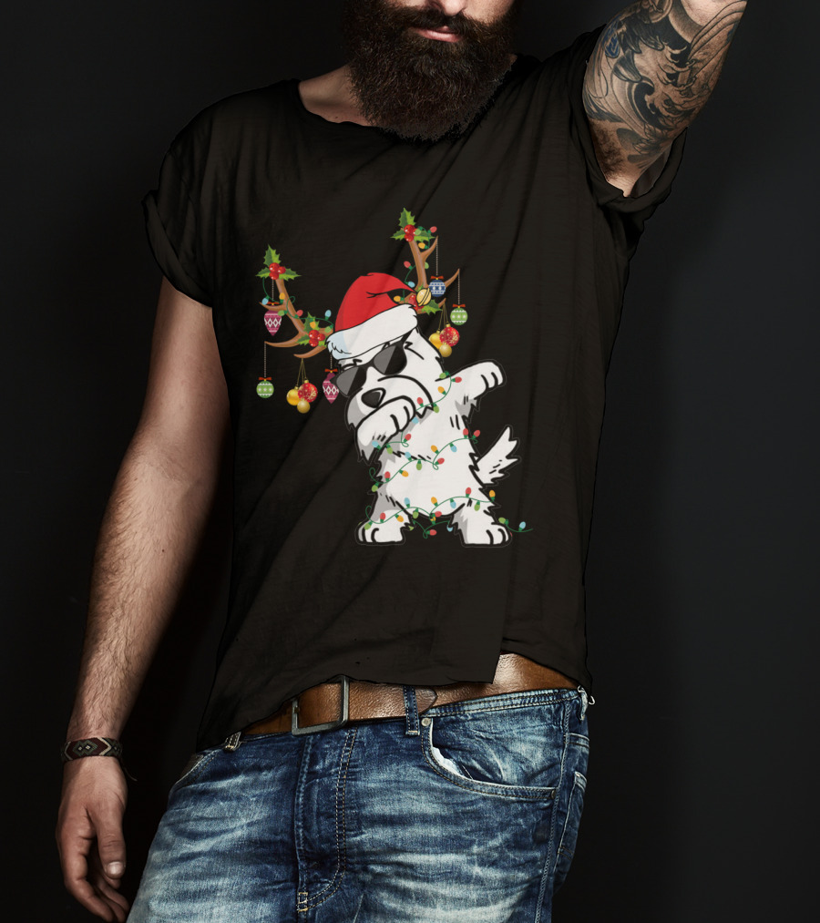 Dabbing Westie Dog Christmas Lights Santa Hat Reindeer Antlers Ornaments T-Shirt