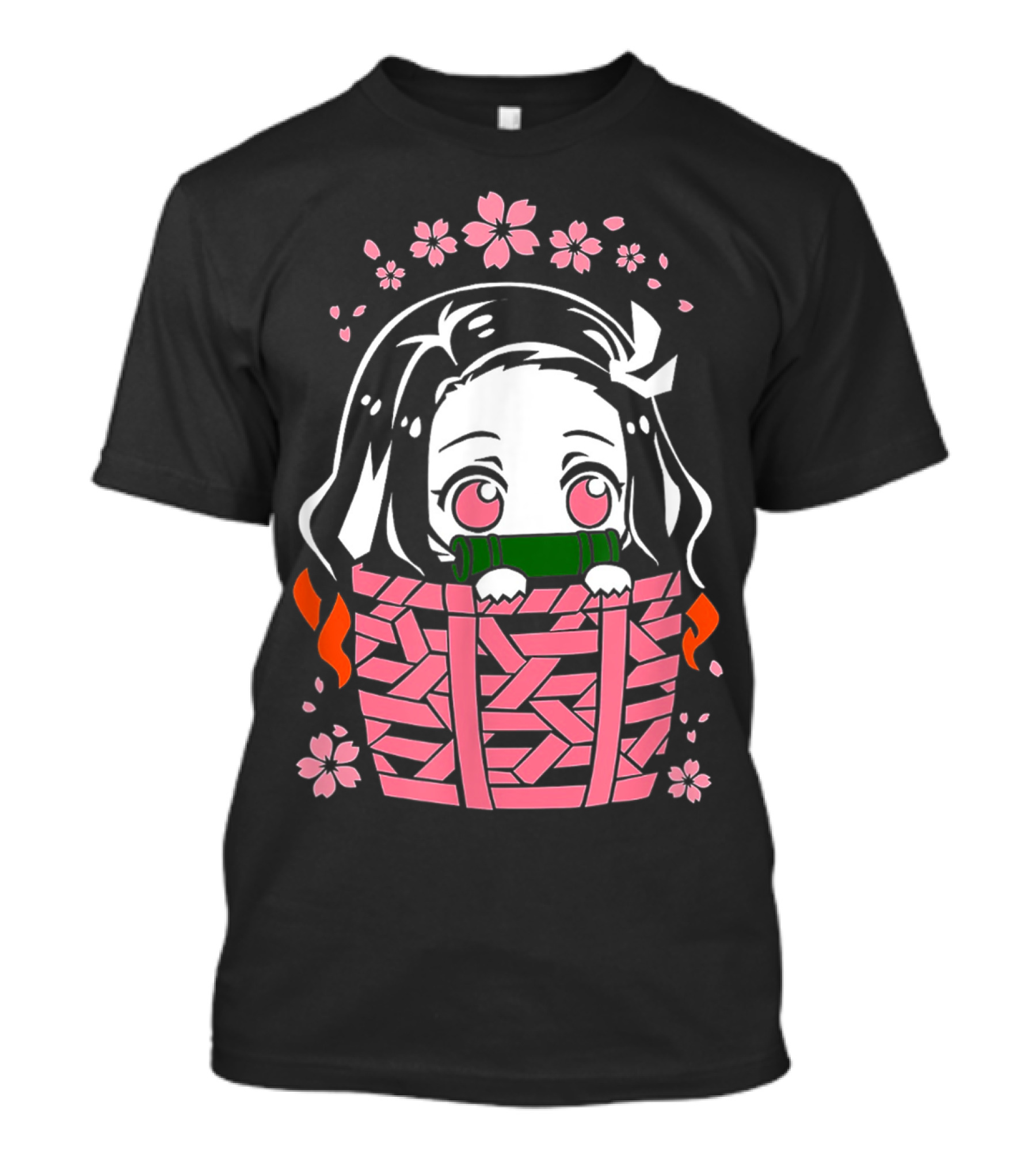 Nezuko Kamado Kawaii Chibi With Bamboo Mouthpiece And Cherry Blossoms Demon Slayer Anime T-Shirt