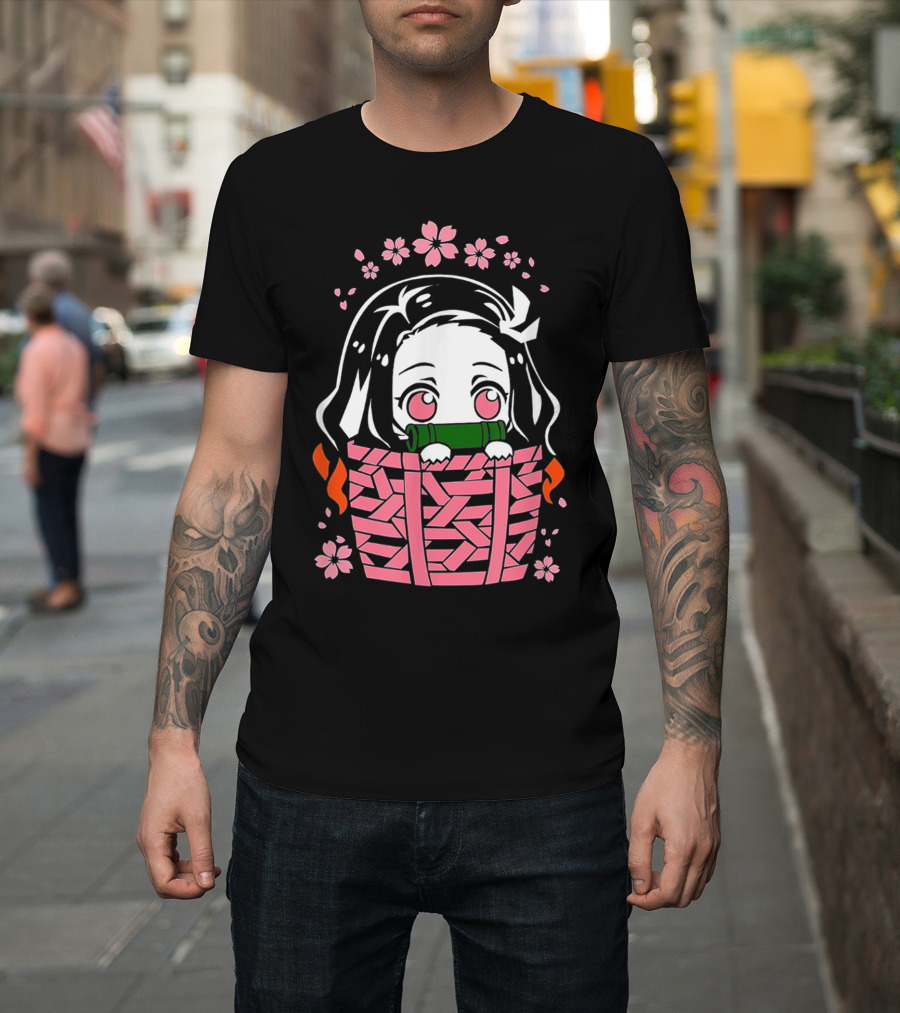 Nezuko Kamado Kawaii Chibi With Bamboo Mouthpiece And Cherry Blossoms Demon Slayer Anime T-Shirt