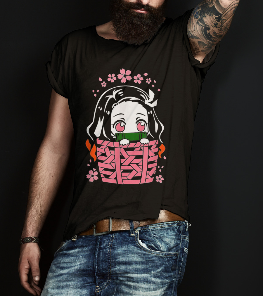 Nezuko Kamado Kawaii Chibi With Bamboo Mouthpiece And Cherry Blossoms Demon Slayer Anime T-Shirt