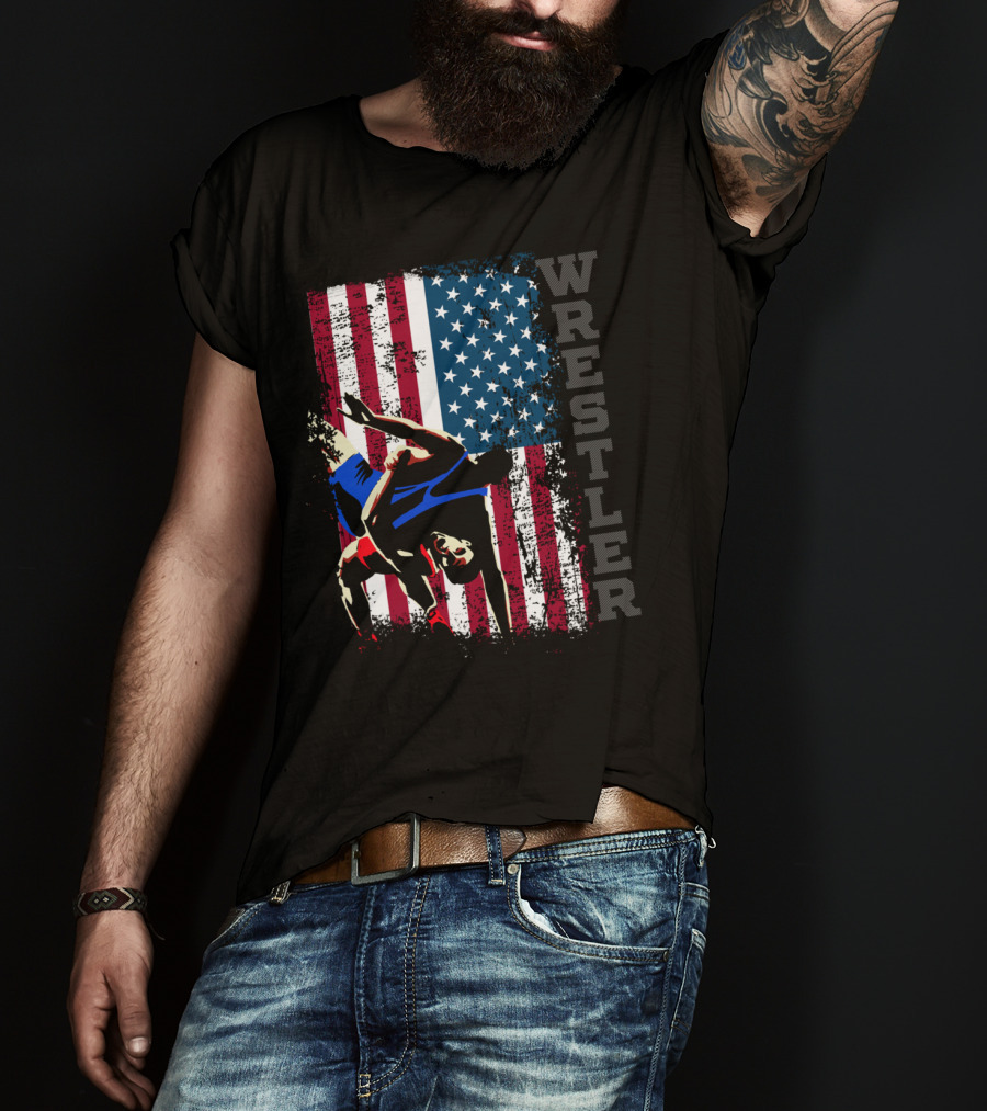 Wrestler Distressed American Flag Wrestling T-Shirt