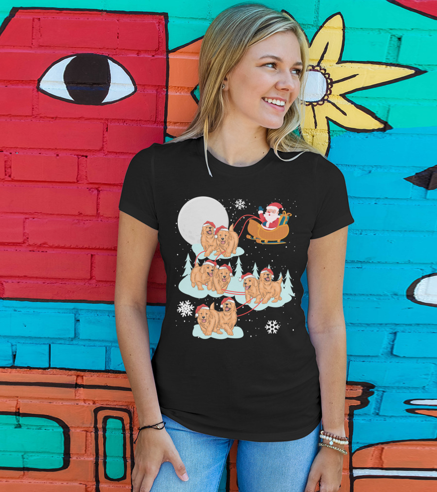Funny Christmas Golden Retriever Santa Sleigh Holiday Scene T-Shirt
