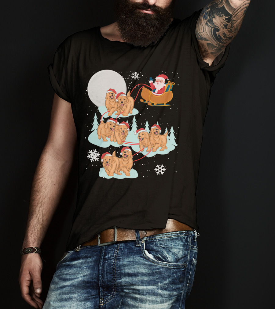 Funny Christmas Golden Retriever Santa Sleigh Holiday Scene T-Shirt