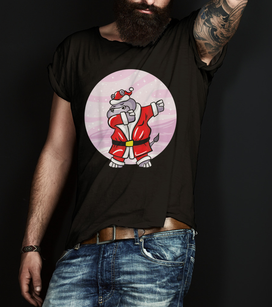 Funny Dabbing Christmas Santa Claus Hippo With Red Santa Suit T-Shirt