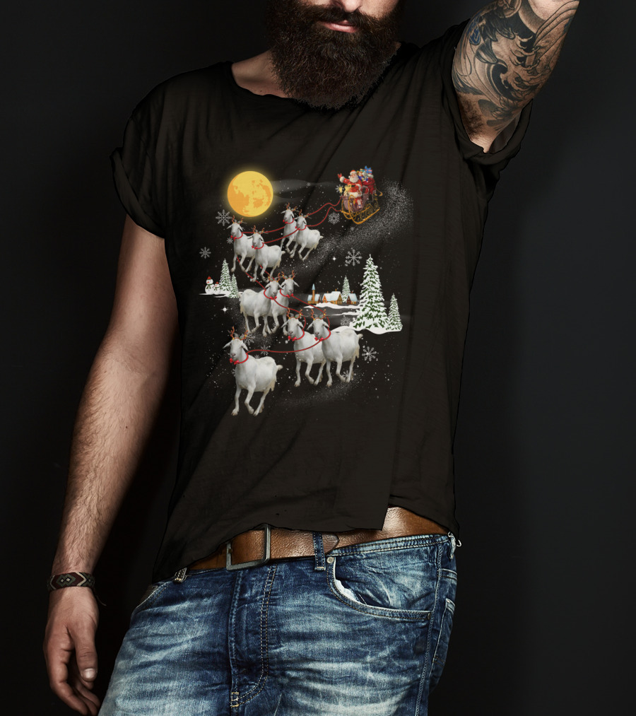 Funny Santa Riding Goat Sleigh Under Full Moon T-Shirt